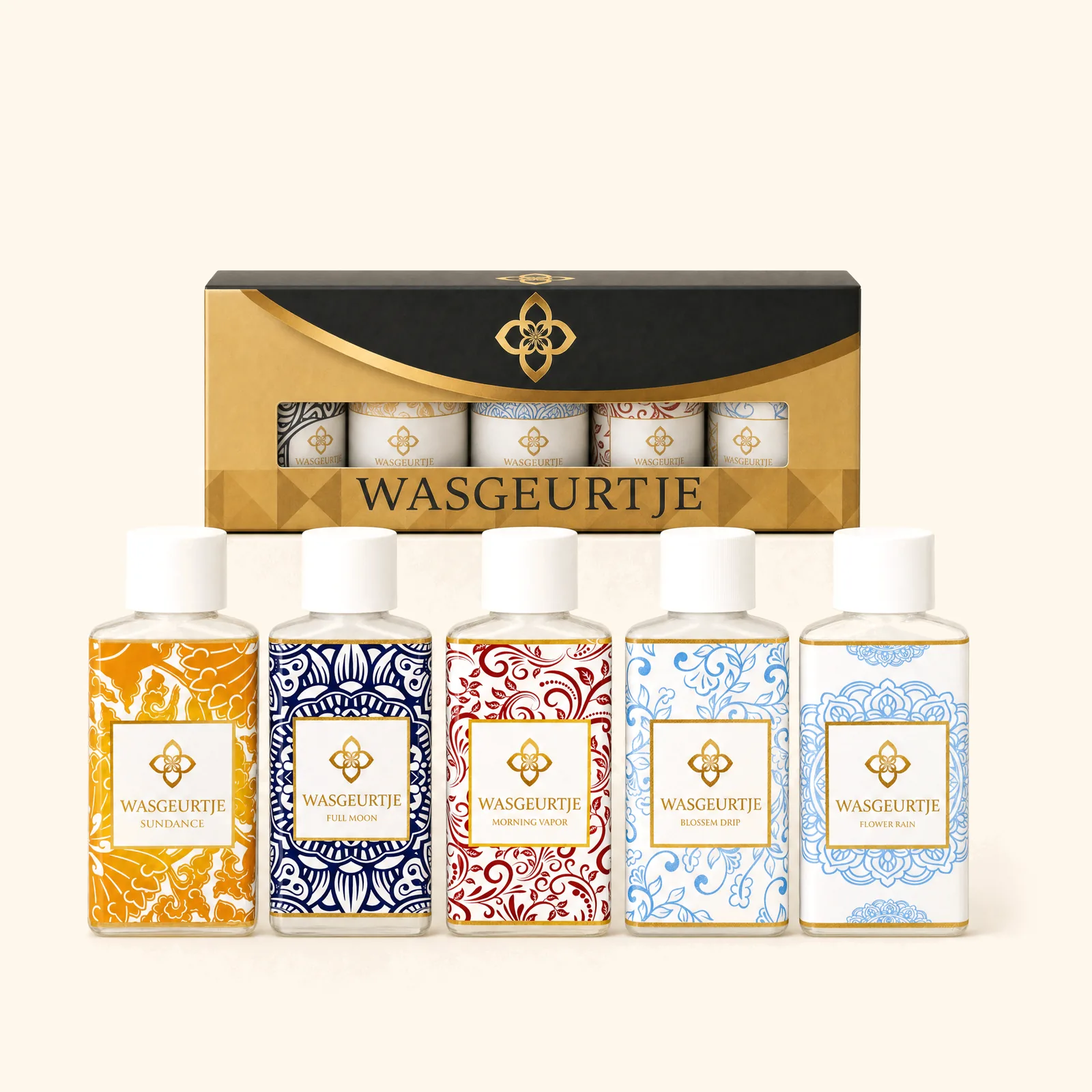 Cadeauset wasparfum – 5 flessen van 100 ml (Sundance, Full Moon, Morning Vapor, Blossom Drip, Flower Rain) met proefpakket op crème achtergrond | Wasgeurtje
