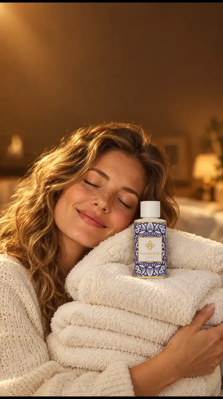 Lachende vrouw knuffelt een stapel geurende handdoeken met wasparfum van Wasgeurtje